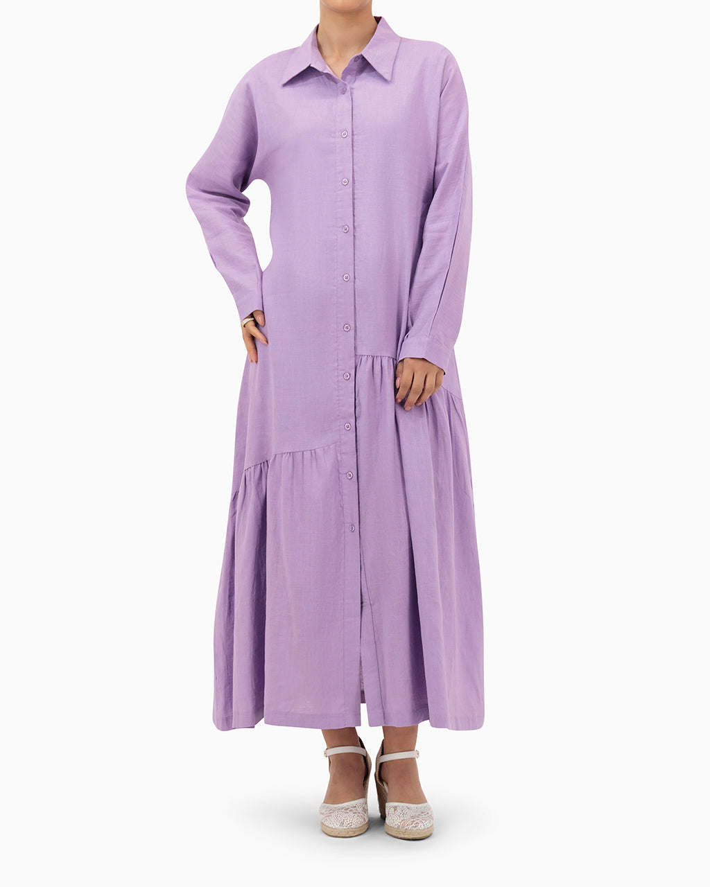 Model wears Purple Dress