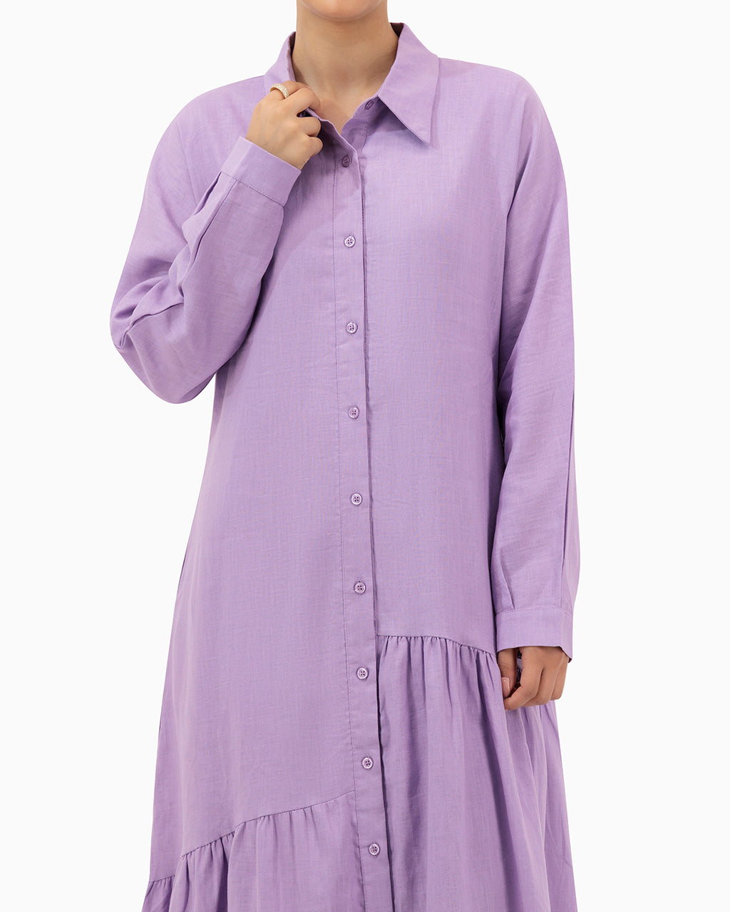 Model wears Purple Dress