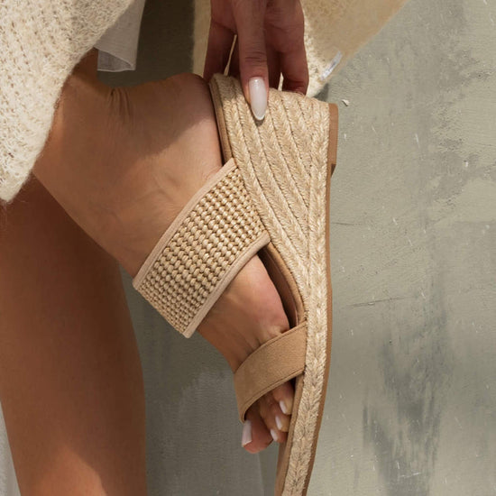 Model wears Ella Taupe Espadrille
