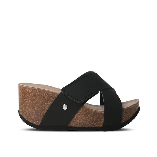 Model wears Benicasim Mat Black Sandal