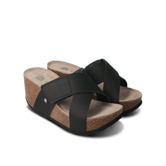 Model wears Benicasim Mat Black Sandal