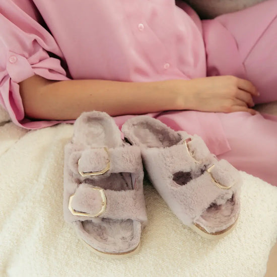 Model wears Galia Sheepskin Furr Rose