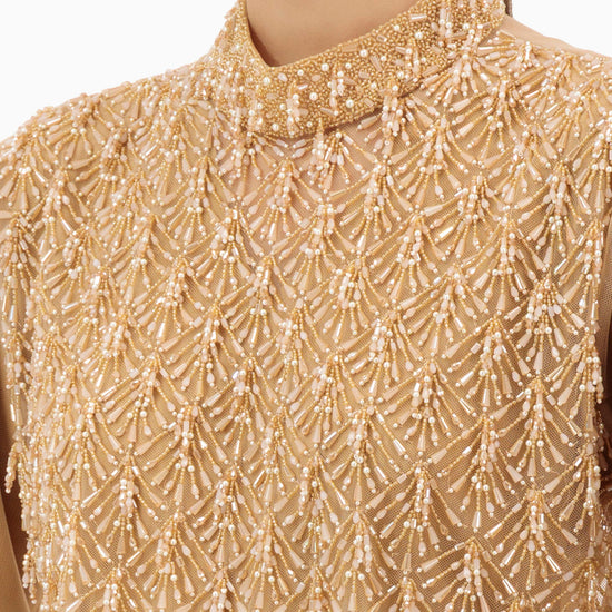 Model wears Dress | Tan Beige