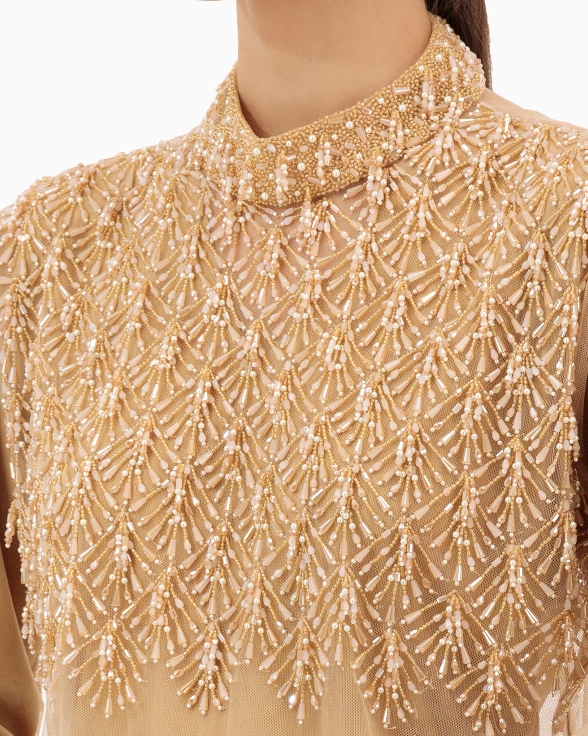 Model wears Dress | Tan Beige