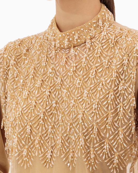 Model wears Dress | Tan Beige