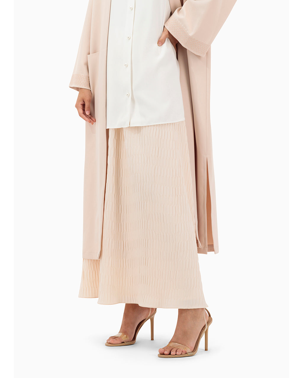 Model wears Co-ord Set | Nude Pink and Off White