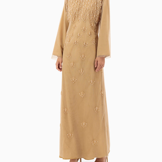 Model wears Dress | Tan Beige