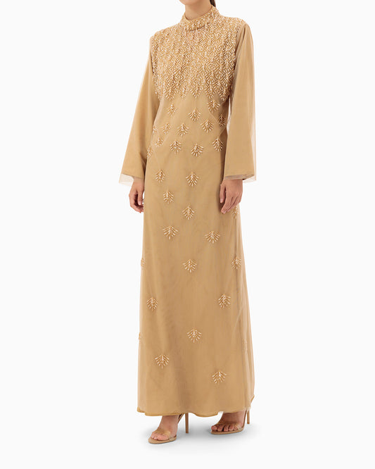 Model wears Dress | Tan Beige