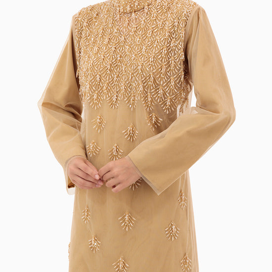 Model wears Dress | Tan Beige