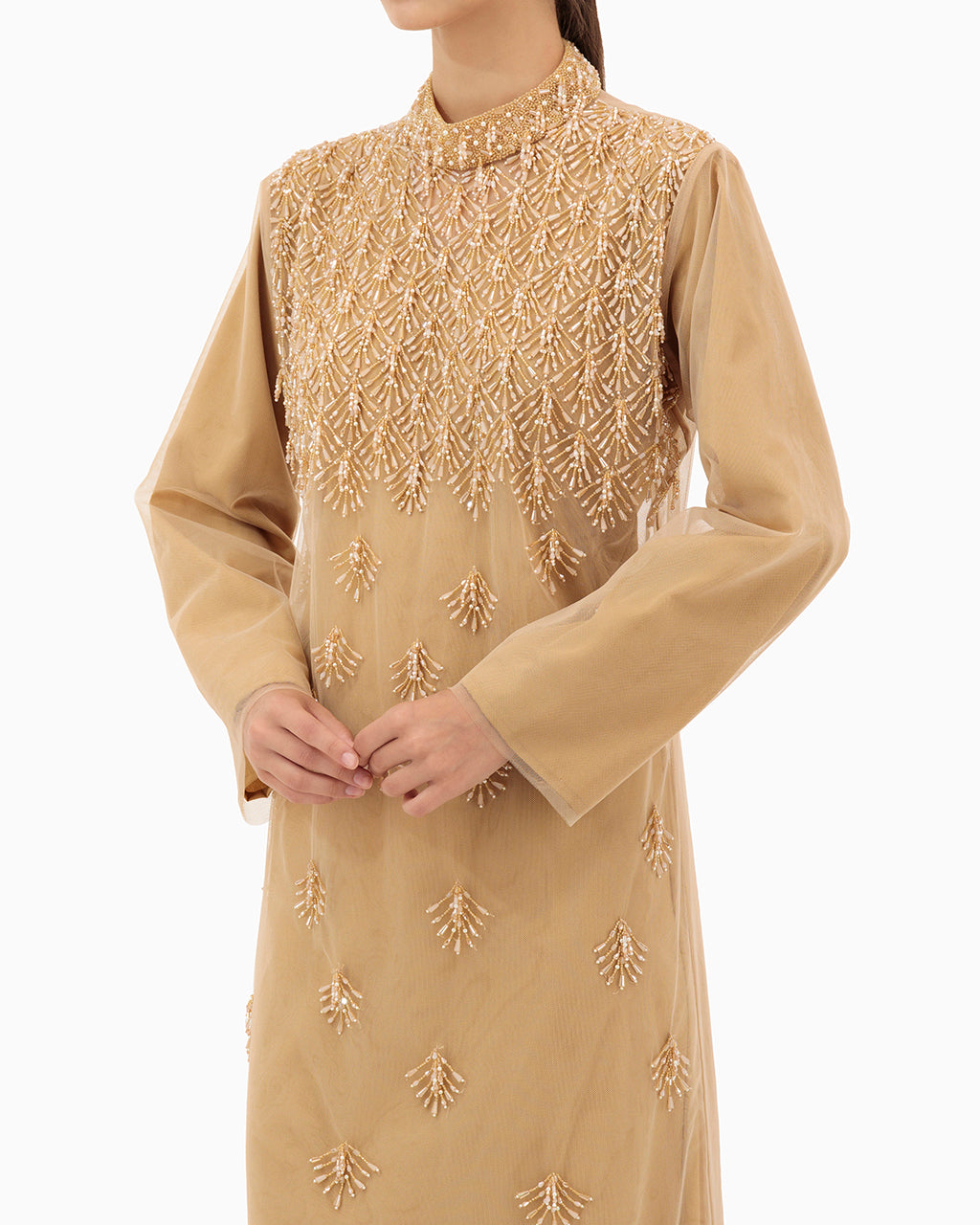 Model wears Dress | Tan Beige