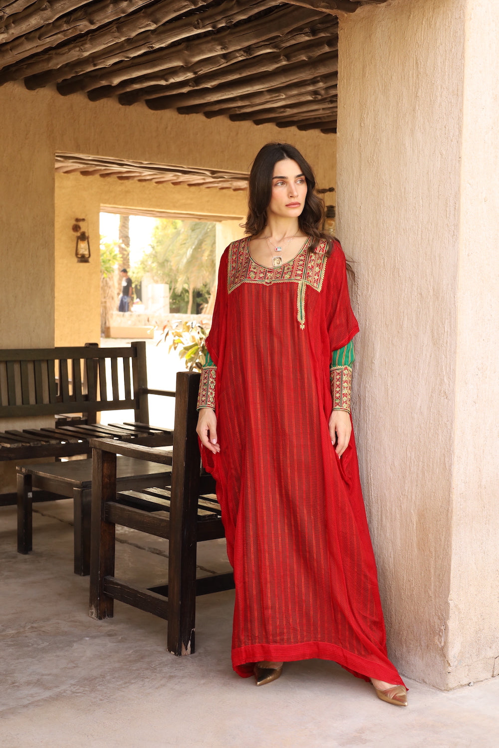 Model wears Red Striped Thob