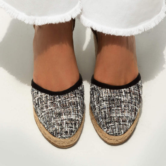 Model wears Joy Black Grey Espadrille