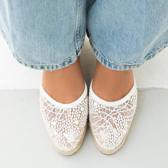 Model wears Joy White Espadrille
