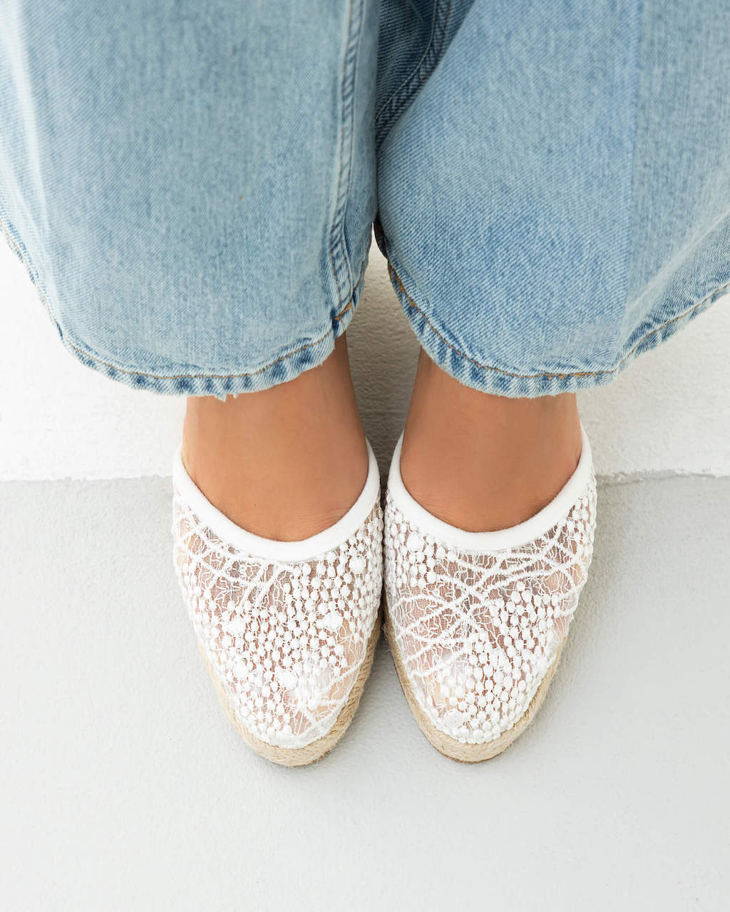 Model wears Joy White Espadrille