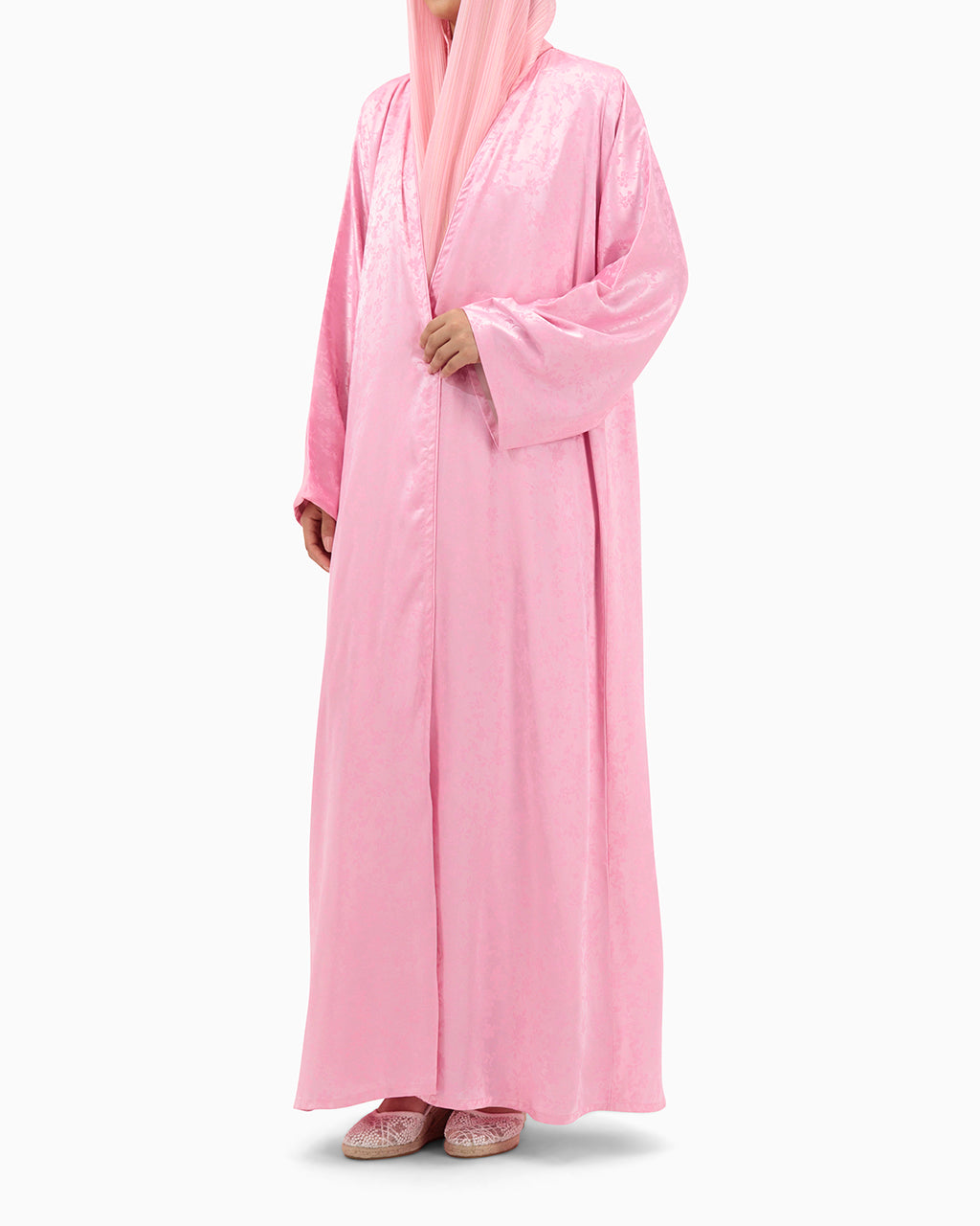 Model wears Pink Floral Abaya