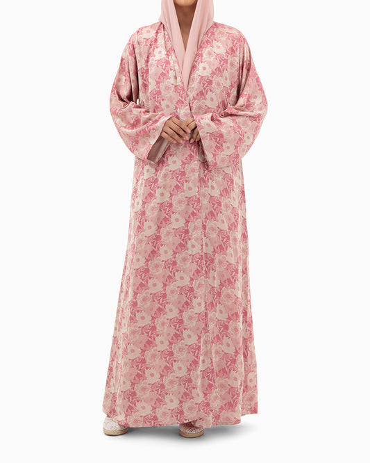 Model wears Pink With Beige Floral Abaya