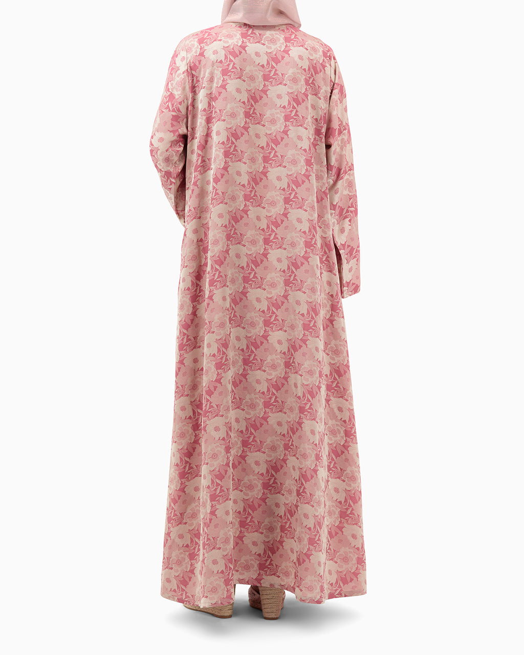 Model wears Pink With Beige Floral Abaya