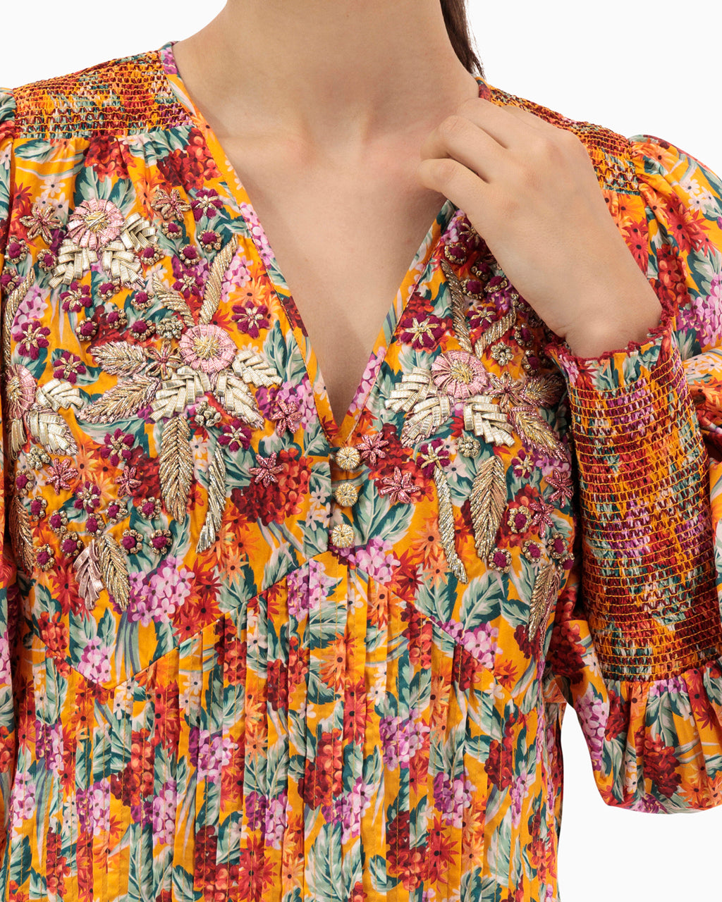 Model wears Orange Pleated Kaftan