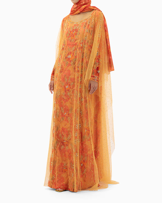 Model wears Mkhawar | Orange with Thoub