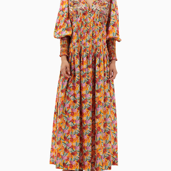 Model wears Orange Pleated Kaftan