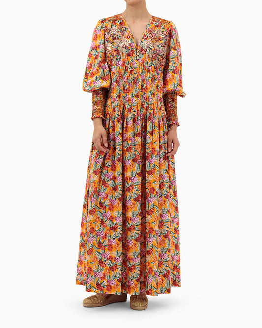 Model wears Orange Pleated Kaftan