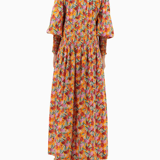 Model wears Orange Pleated Kaftan