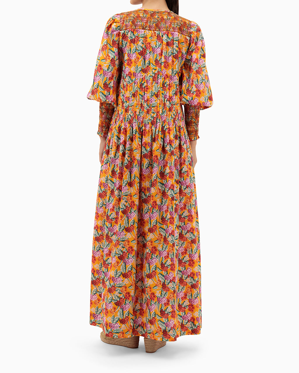 Model wears Orange Pleated Kaftan