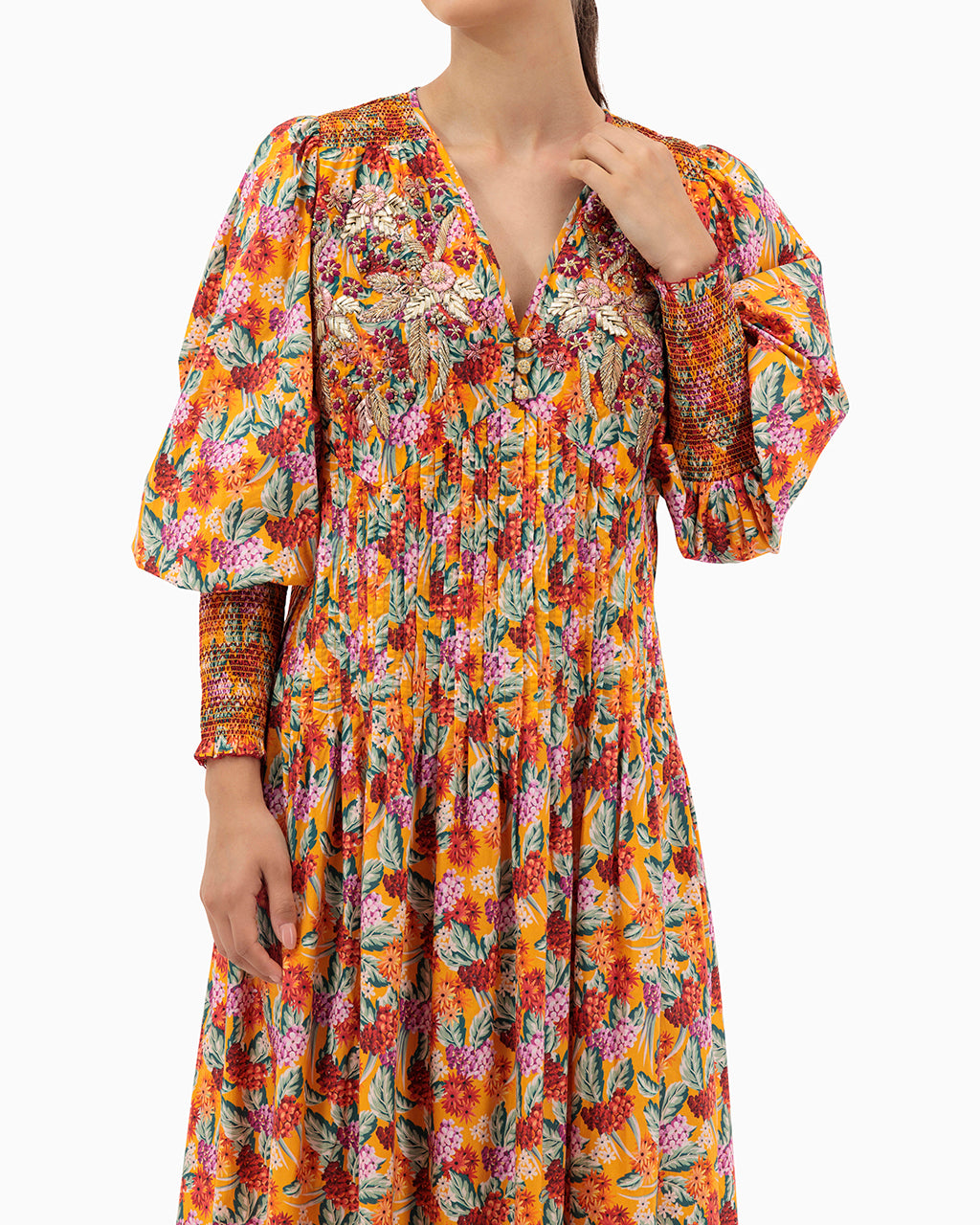 Model wears Orange Pleated Kaftan