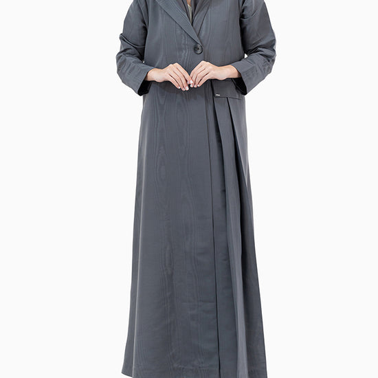 Model wears Dark Grey Jacquard Abaya