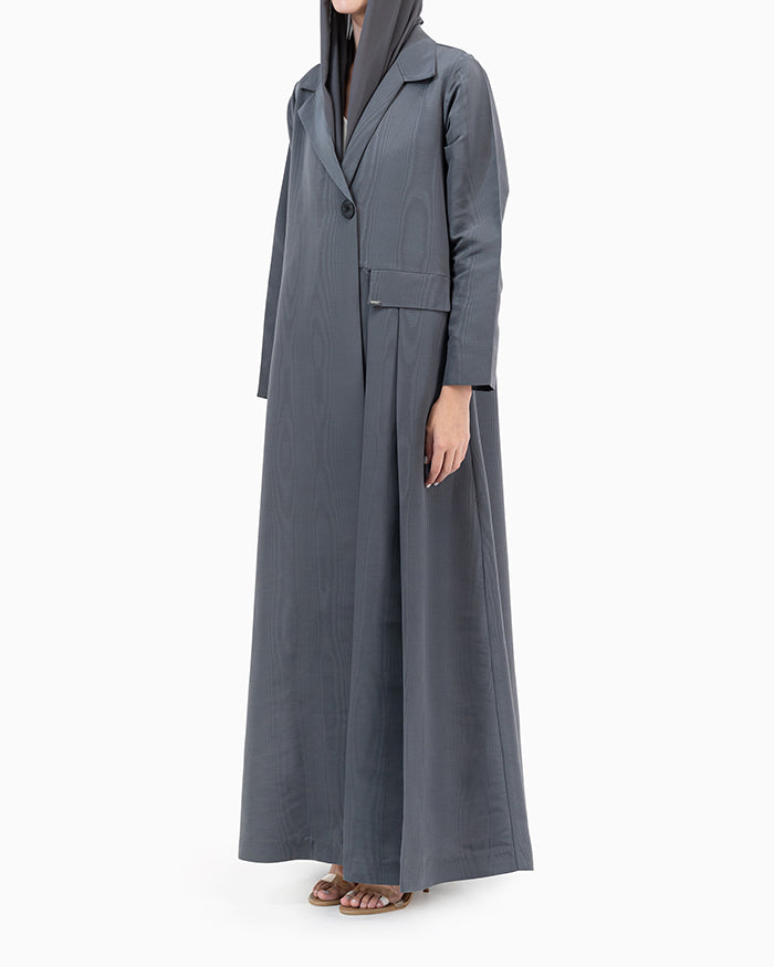 Model wears Dark Grey Jacquard Abaya