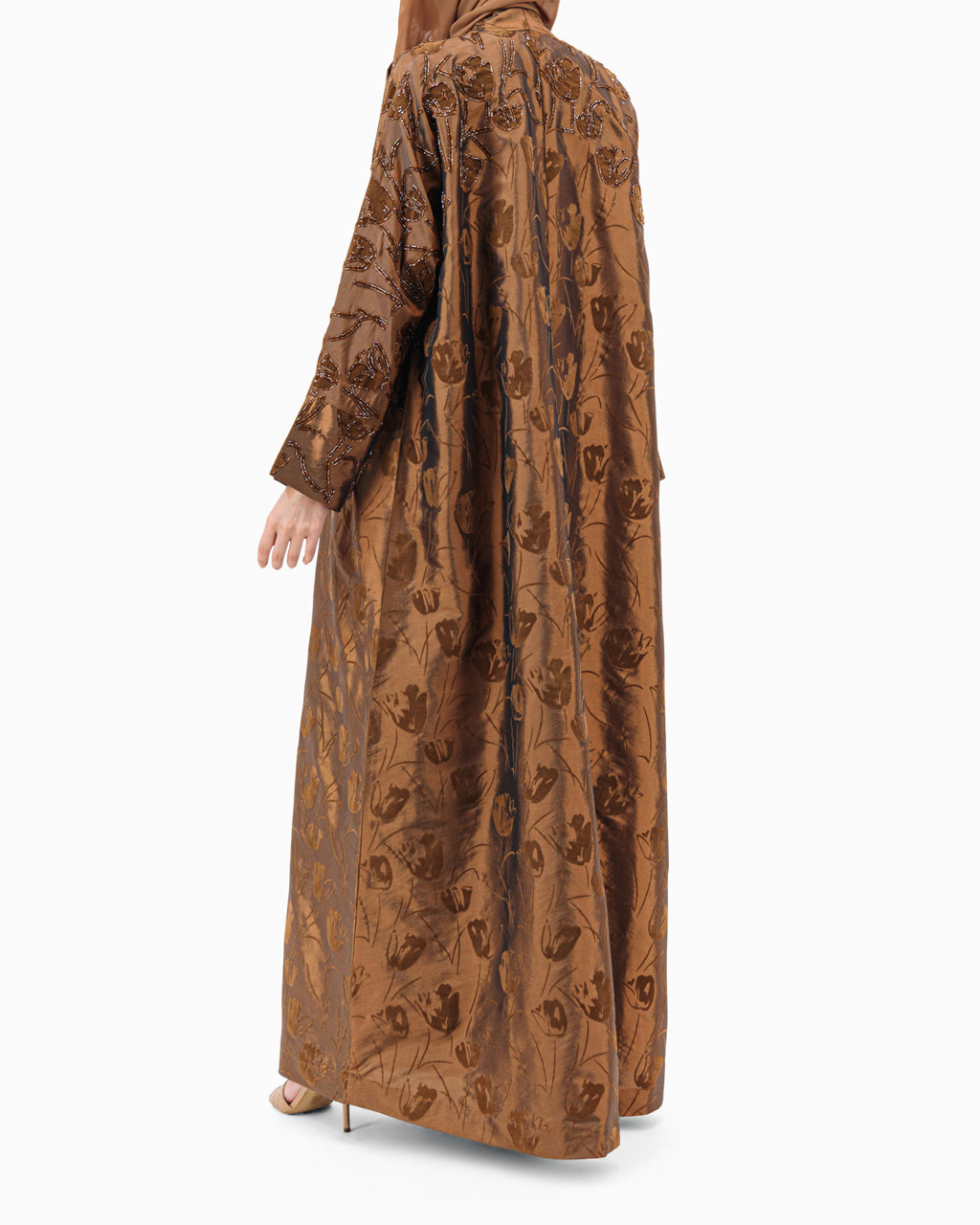 Model wears Brown Floral Abaya