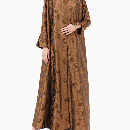 Model wears Brown Floral Abaya