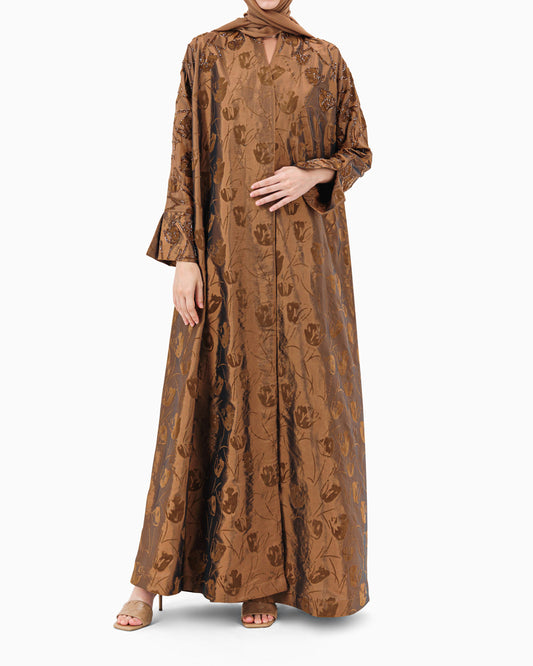 Model wears Brown Floral Abaya