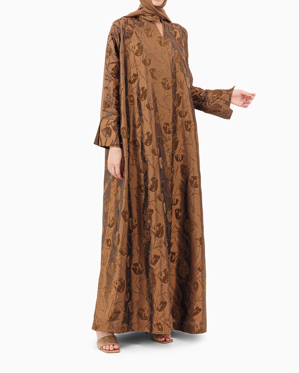 Model wears Brown Floral Abaya