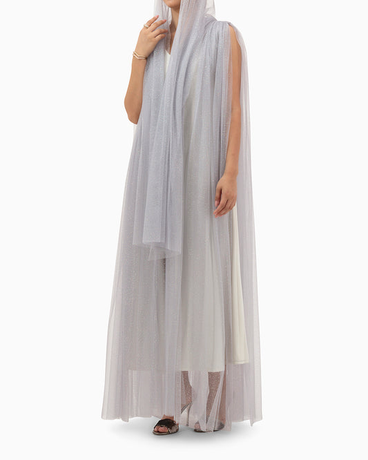 Model wears Grey Wedding Abaya