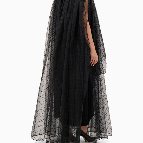Model wears Black Dots Wedding Abaya