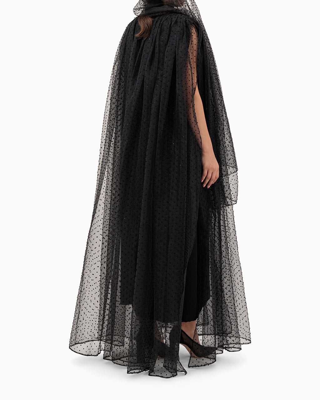 Model wears Black Dots Wedding Abaya