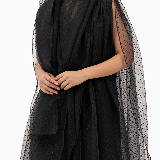 Model wears Black Dots Wedding Abaya