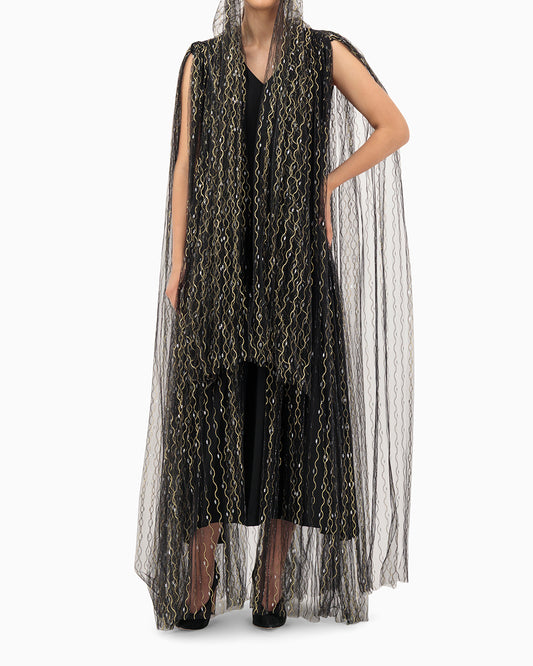 Model wears Gold Swirl Wedding Abaya