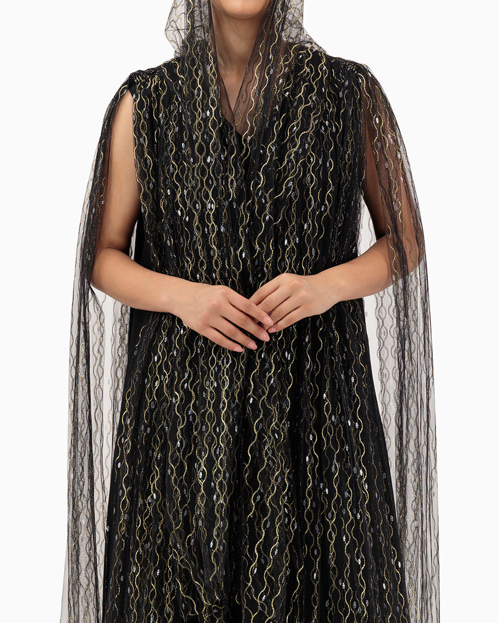 Model wears Gold Swirl Wedding Abaya