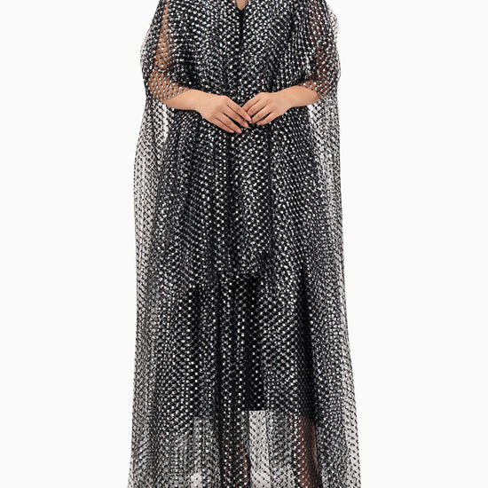 Model wears Silver Patterned Wedding Abaya