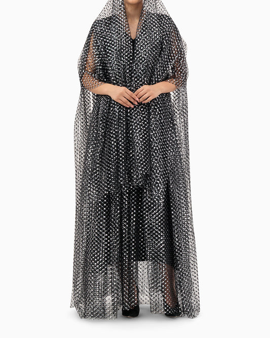 Model wears Silver Patterned Wedding Abaya