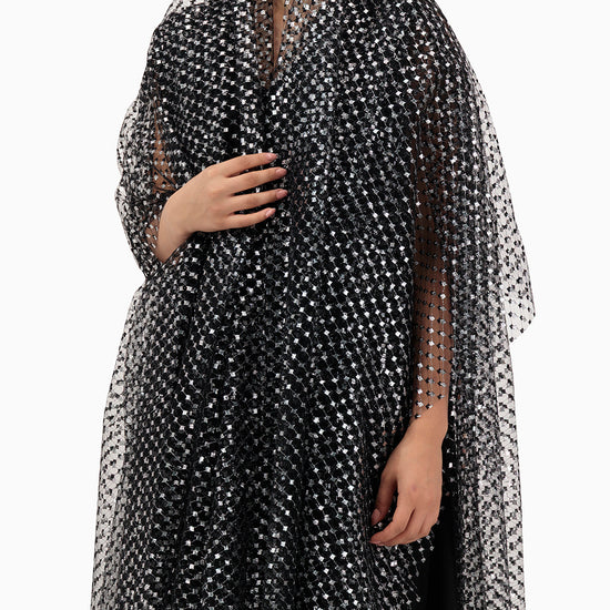 Model wears Silver Patterned Wedding Abaya