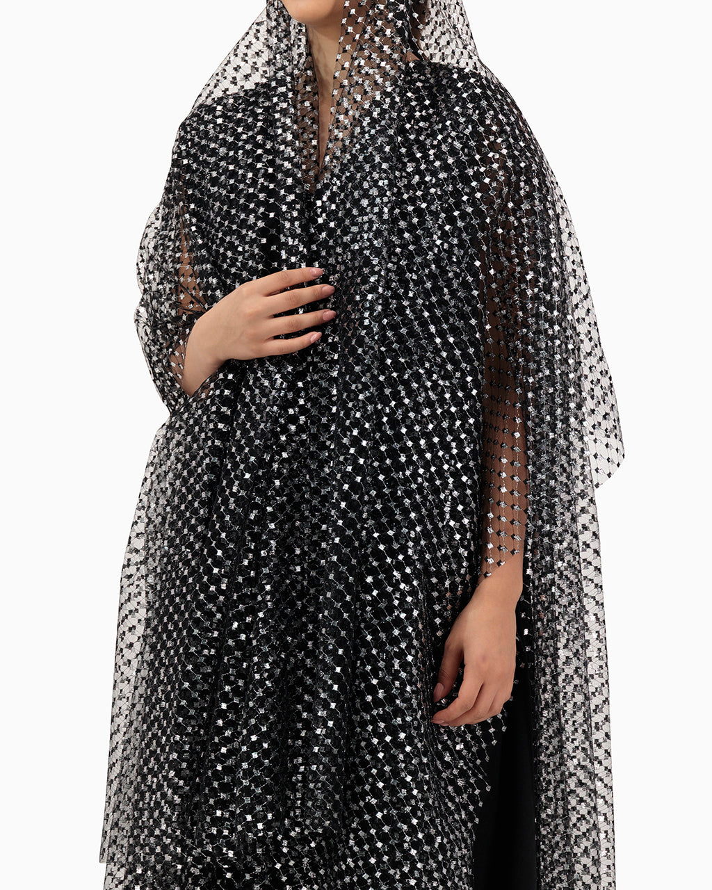 Model wears Silver Patterned Wedding Abaya