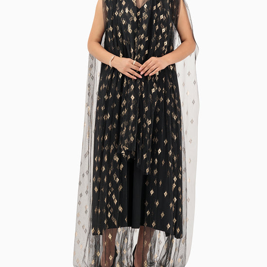 Model wears Gold Patterned Wedding Abaya