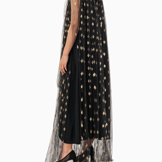 Model wears Gold Patterned Wedding Abaya