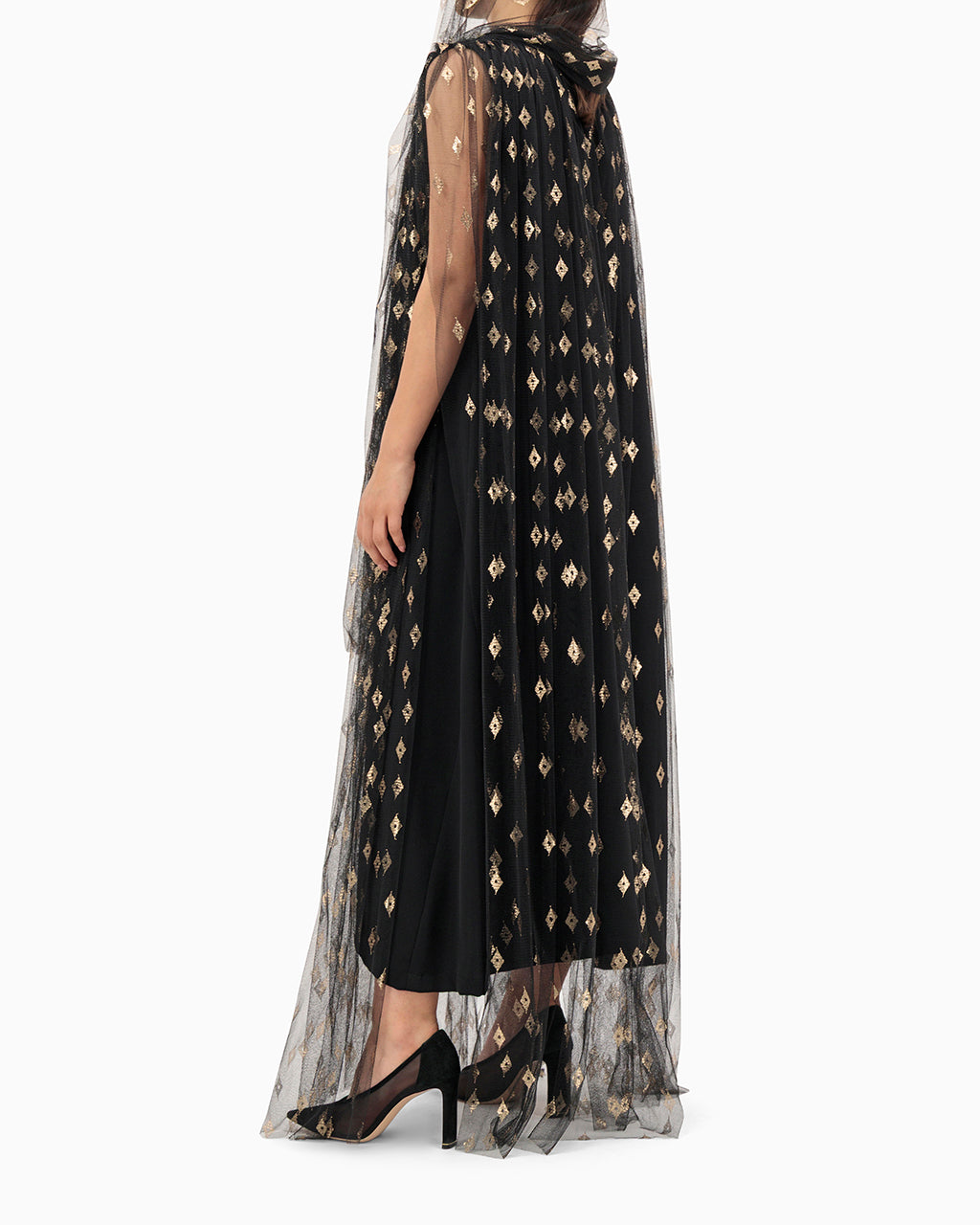 Model wears Gold Patterned Wedding Abaya