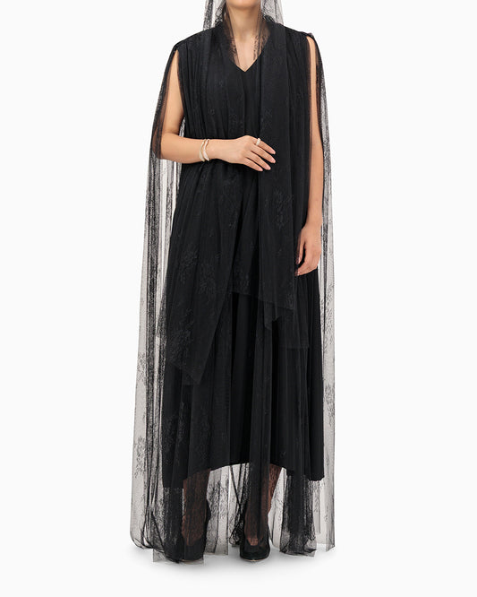 Model wears Black Patterned Wedding Abaya