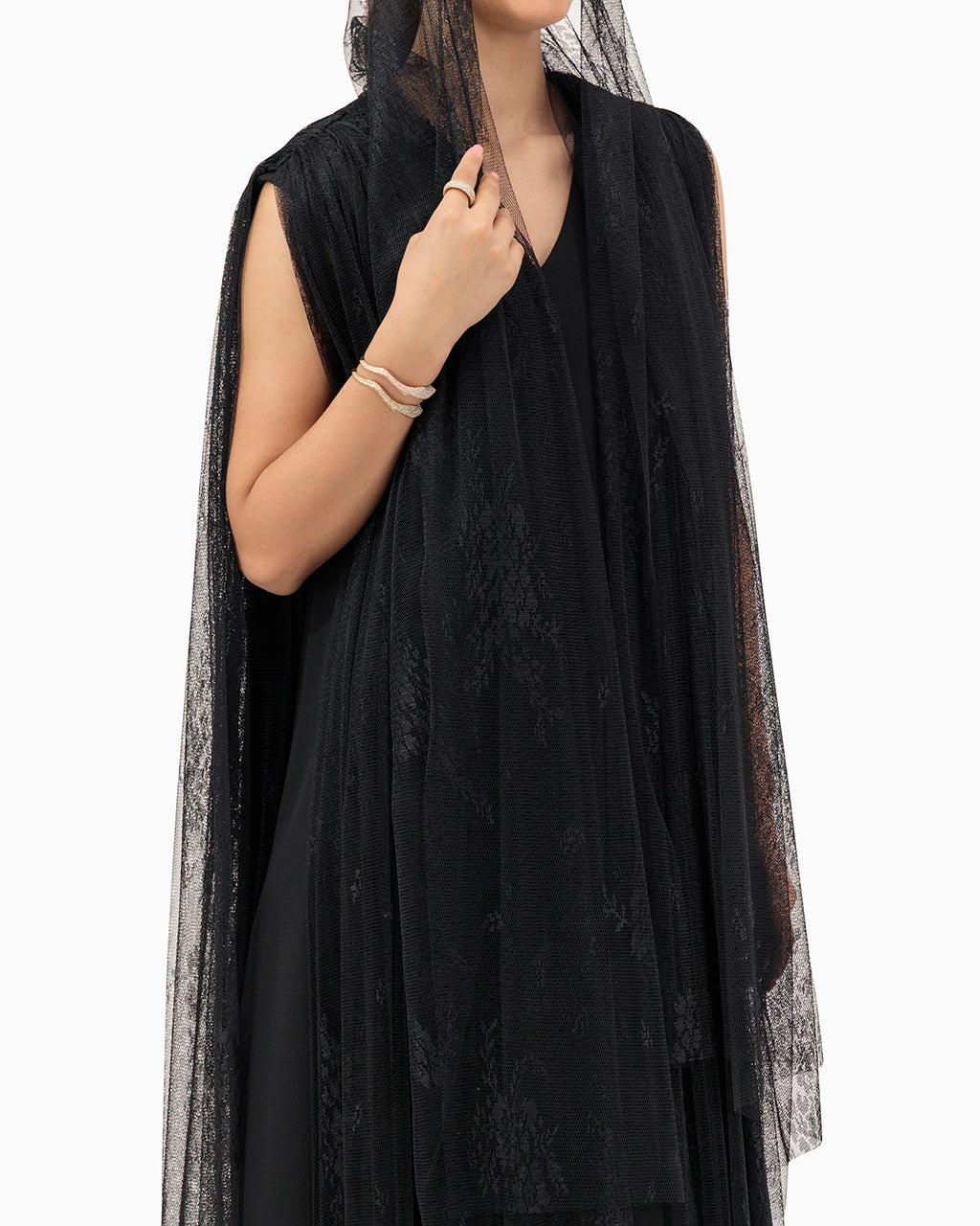 Model wears Black Patterned Wedding Abaya