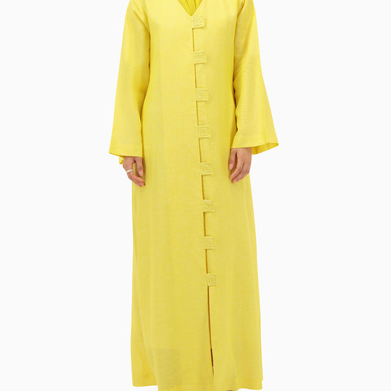 Model wears Yellow Linen Abaya